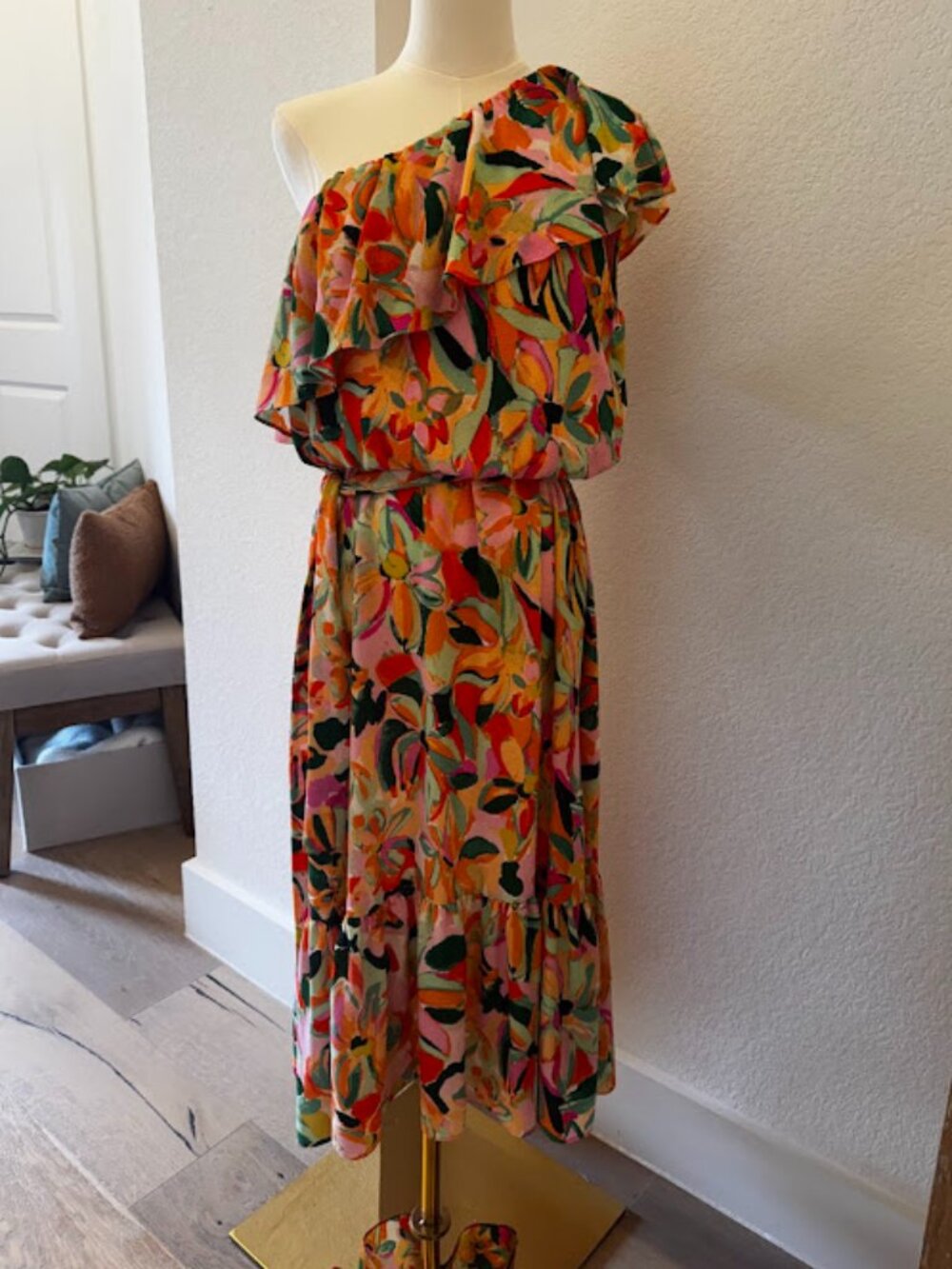 LONDON TIMES Tropical One-Shoulder Midi Dress, Size 12 *NWOT!